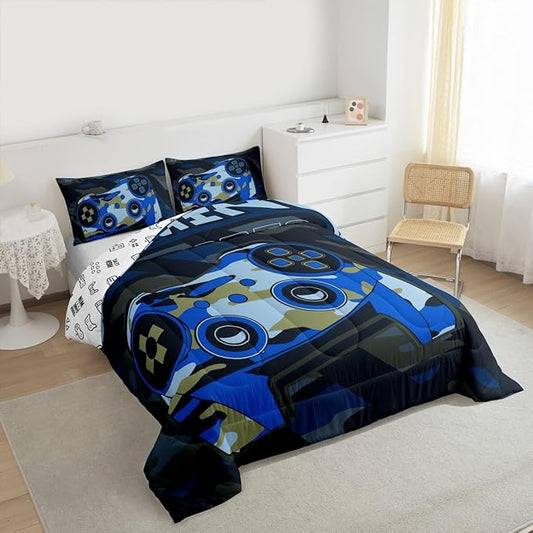 Boys Girls Gamepad Comforter Set Queen Size Teens Gamer Bedding Set Retro Blue Camouflage Video Game Controller Comforter For Kids Youth Bedroom Decor Gamer Console Action Buttons Duvet Set Microfiber