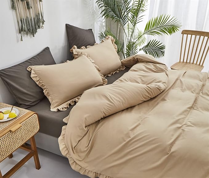 CLOTHKNOW Taupe Ruffle Queen Comforter Set Champagne Bedding Comforter Sets Soft Shabby Chic Farmhouse Comforter with 2 x Pillow Cases