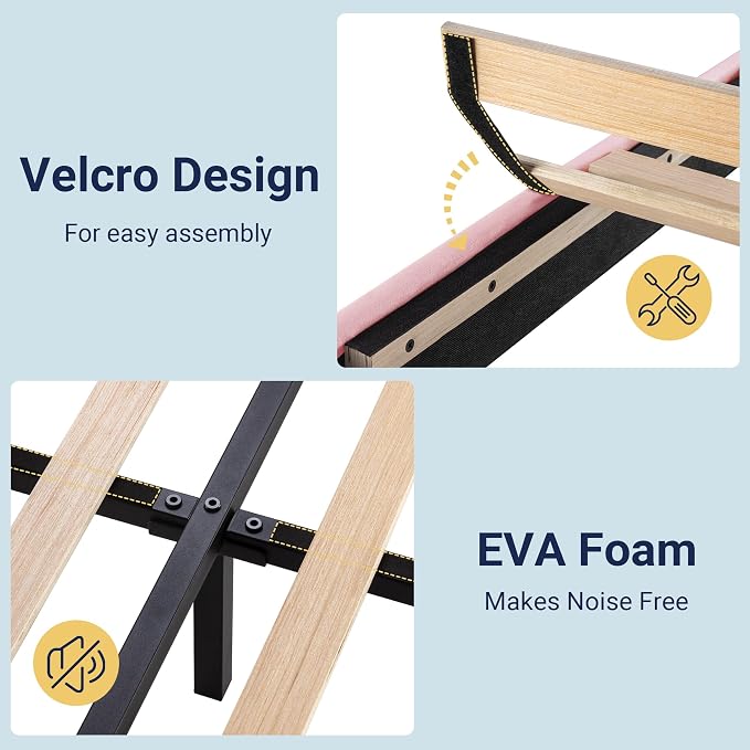 Allewie Twin Size Platform Bed Frame with Velvet Upholstered Headboard Pink | Wooden Slats Support, Fully Upholstered Mattress Foundation, No Box Spring Needed, Easy Assembly, Noise-Free, Pink