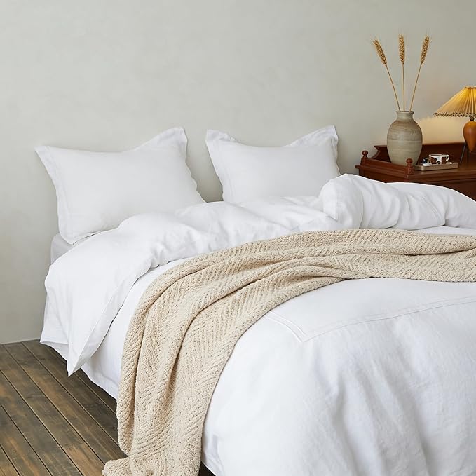 Simple&Opulence 100% Washed Linen Duvet Cover Set 104"x92" - 3 Pieces Soft Farmhouse Comforter Cover Set Double Embroidered with Button Closure - 1 Duvet Cover and 2 Pillowcases (White, King)