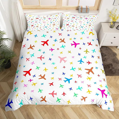 Castle Fairy Kids Aircraft Bedding Set Watercolor Transportation Vehicles Duvet Cover Set Boys Airplanes Comforter Cover Colorful Bedspread Cover Bedroom Quilt Cover Full,No Comforter