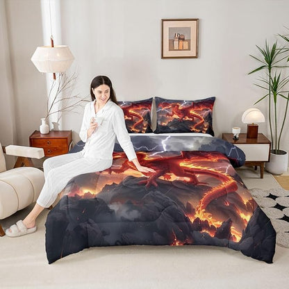 Castle Fairy Red Flame Comforter/Duvet Set King Size,Dragon Ultra Soft Bed Collection,Cool Wild Animals Bedding for Room Decor 3 Pcs,Microfiber Breathable