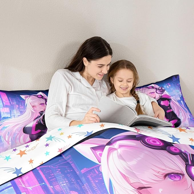Erosebridal Full Anime Girl Comforter Set 3 Piece, Kawaii Japanese Anime Bedding Set Cartoon Girl Bedding Comforter Sets Sci Fi Style Japanese Animation Quilt for Kids Girls Teens Adult Room