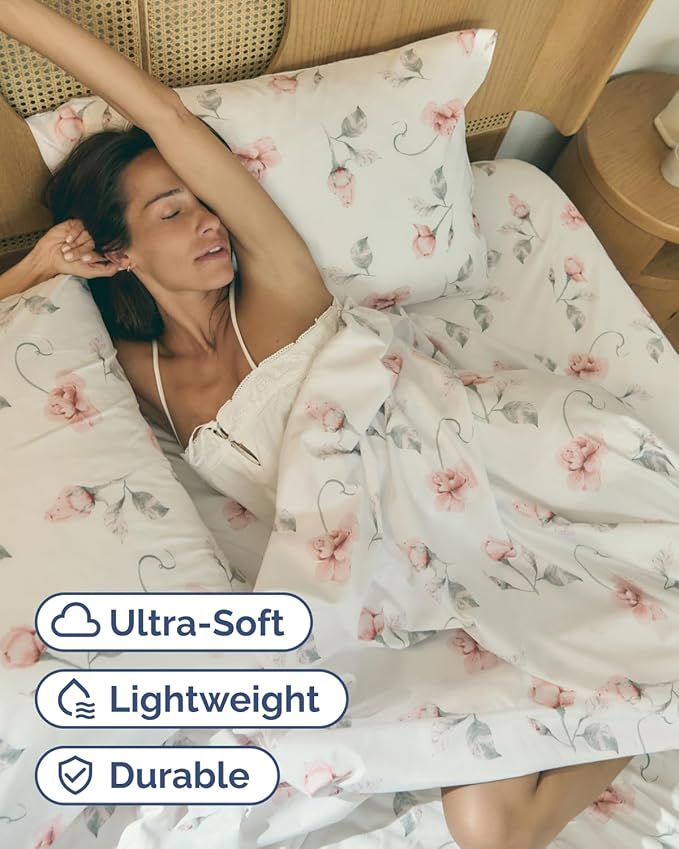 Floral Sheets - Floral Rose Bed Sheet Set - 1 Flat, 1 Fitted & 1 Pillowcase w/ Deep Pockets - Comfy, Wrinkle & Fade Free - Boho Botanical Bedding - Ultra-Soft, Breathable & Cooling - Twin XL Size Set