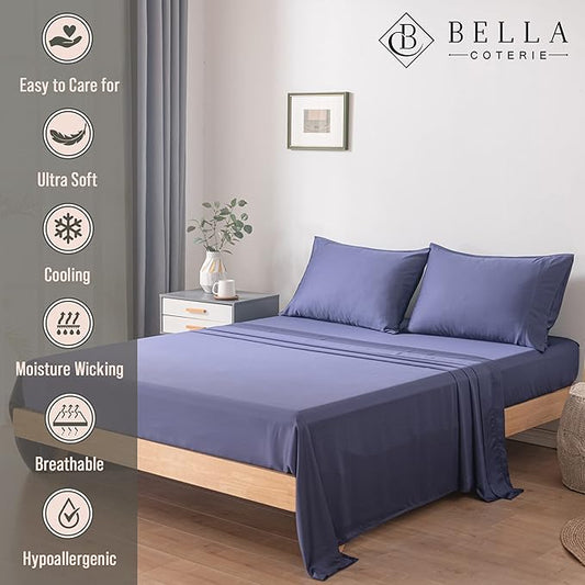 Bella Coterie Luxury Bamboo Viscose Twin Size Sheet Set | 100% Organically Grown | Ultra Soft | Cooling for Hot Sleepers | 18" Deep Pocket [Twilight Blue]
