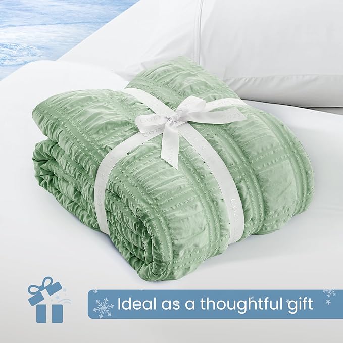 Cozy Bliss Cooling Comforter Seersucker Plaid Twin XL Size, Q-Max 0.45 Lightweight Cooling Blanket, Breathable Silk Smooth Summer Bedding Quilt for Hot Sleepers Night Sweats Sage Green