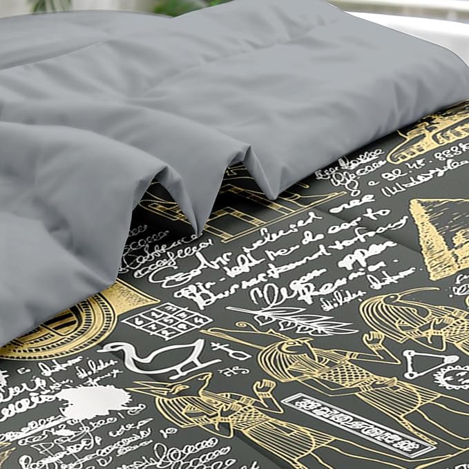 Comforter Set King Size, Retro Egyptian Egypt 7 Pcs Bedding for Kids and Adults, God Pharaoh Abstract Bed Sheet Sets with Fitted Sheet 2 Pillowcases & 2 Shams for Bedroom Bed Decor