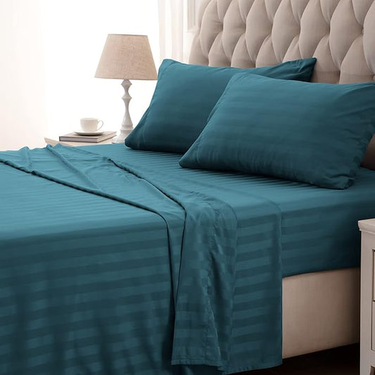 SLEEP ZONE Striped Cooling Sheets Set King Size - Fitted Flat Sheet & Pillowcase Sets 4 Piece - Super Soft Stripe Bed Sheet, Easy Care, Deep Pocket (Teal, King)