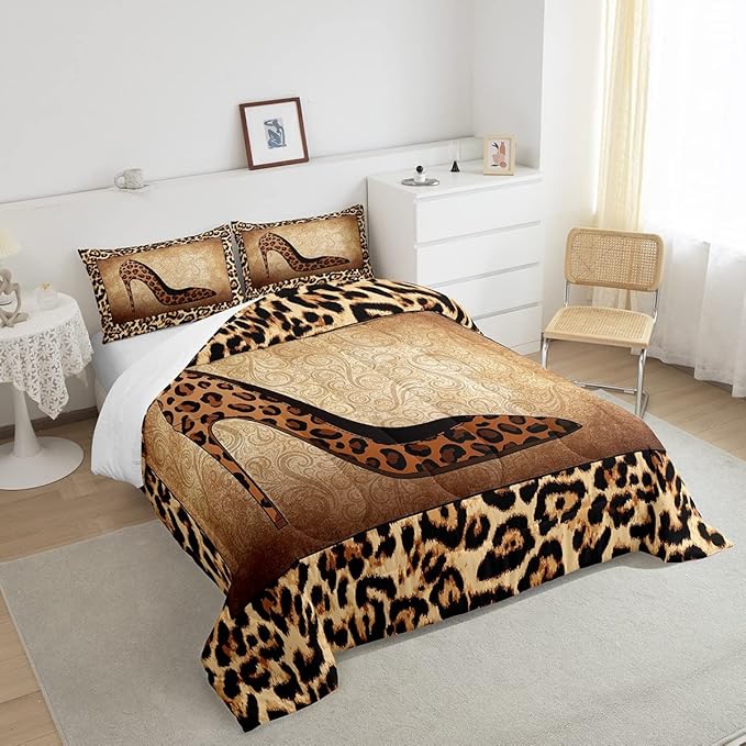 Castle Fairy Leopard Print Comforter Set Queen Size Romantic High Heels Bedding Set 3pcs for Kids Girls Women Beauty Room Decor Vintage Mandala Floral Quilt Set Cheetah Animals Fur Duvet Insert,Brown