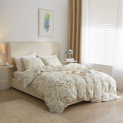 HighBuy Beige Comforter Twin XL Size with Green Floral 3 Piece Cute Soft Bedding Comforter Set Lightweight All Season Aesthetic Boho Comforter for Women Girls,Ultra Soft Kids Bedding Set