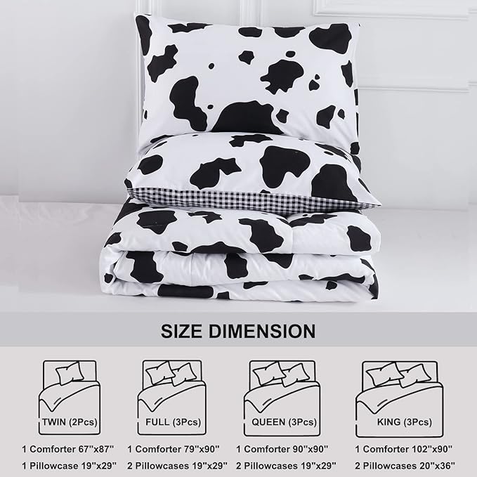 PERFEMET Cow Print Twin Comforter Set for Boys 3 Pieces Black White Teen Boy Bedding Sets Reversible Plaid Kids Bed Set for Teens Girls (Twin, Black and White)