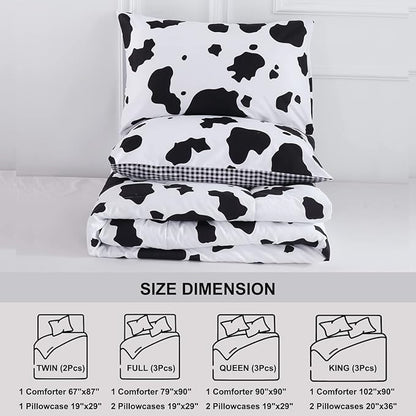PERFEMET 3Pcs Cow Print Comforter Set King Size Black and White Cute Geometric Cow Bedding Set Soft Reversible Plaid Grid Bed Quilted Set for Kids Teens Boys Girls