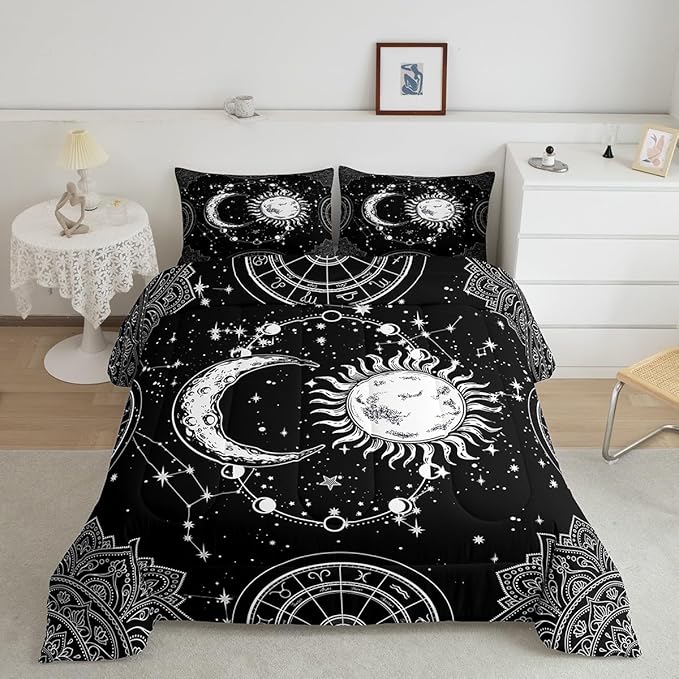 Sun and Moon Bedding Set Constellation Galaxy Comforter Set for Kids Boys Girls Teens Psychedelic Boho Mandala Comforter Breathable Celestial Duvet Set Black White Room Decor Quilt Cover King Size