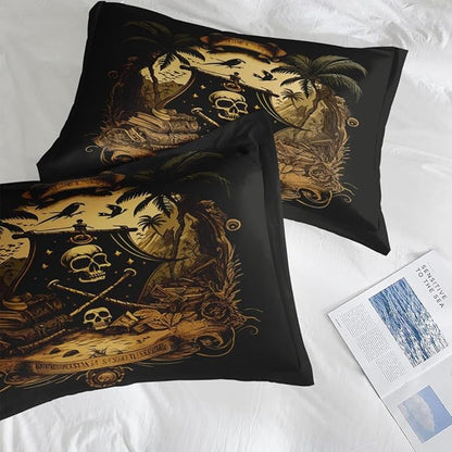 Comforter Set King Size, Pirate Skeleton 7 Pcs Bedding for Kids and Adults, Halloween Vintage Gothic Bed Sheet Sets with Fitted Sheet 2 Pillowcase & 2 Sham for Bedroom Bed Decor