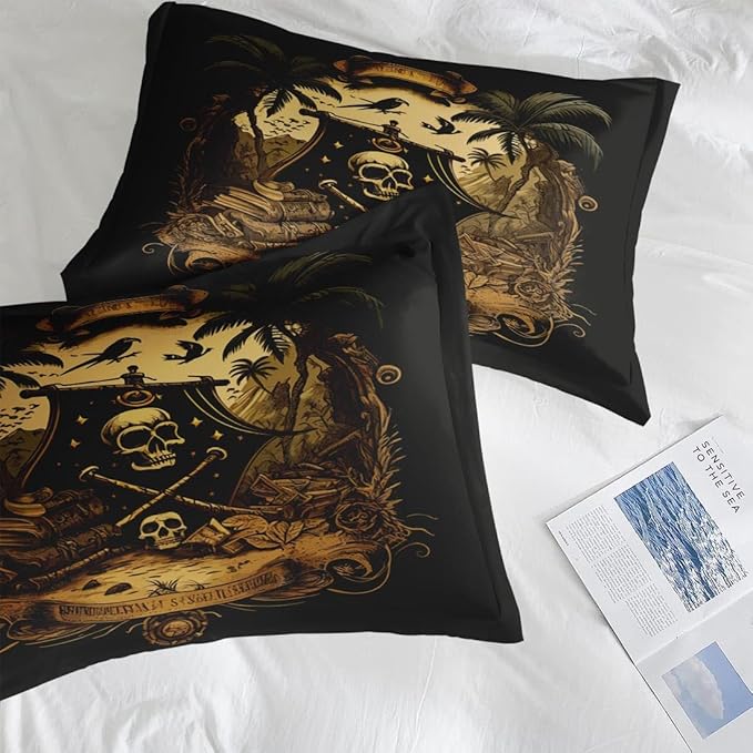 Comforter Set Twin Size, Pirate Skeleton 5 Pcs Bedding for Kids and Adults, Halloween Vintage Gothic Bed Sheet Sets with Fitted Sheet Pillowcase & Sham for Bedroom Bed Decor