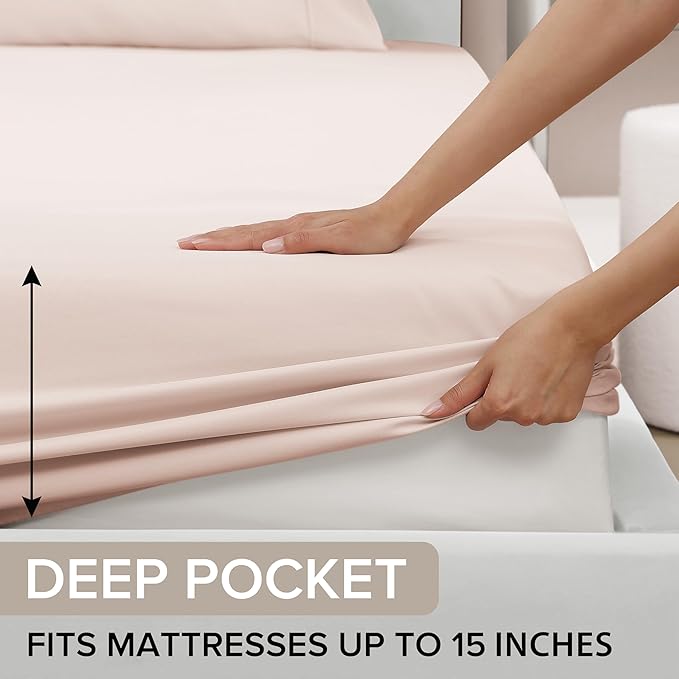UGG Hedi Twin XL Sheet Set 3-Piece Luxury Cooling Sheets Deep Pockets Premium Bedding with 1 Pillow Sham Hypoallergenic Machine Washable Soft Lightweight Bed Set for Dorm, Twin XL, Shell Light Pink