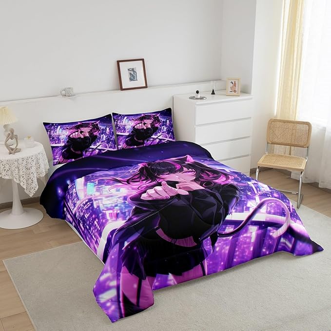 Erosebridal Kids Anime Girl Toddler Size Bedding Set, Japanese Anime Comforter Set, Cartoon Girl Duvet Insert for Boys Teens Bedroom Decor, Kawaii Japanese Animation Quilt with 1 Pillow Case