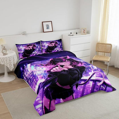 Erosebridal Kids Anime Girl Queen Size Bedding Set, Japanese Anime Comforter Set, Cartoon Girl Duvet Insert for Boys Teens Bedroom Decor, Kawaii Japanese Animation Quilt with 2 Pillow Cases