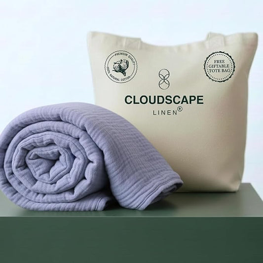 CLOUDSCAPE 100% Cotton Muslin Throw Blanket for Adults - 4 Layer 50x70 Oversized Breathable Gauze Bedding, All Season Spring Gift, Cozy Lightweight Throw for Sofa, Couch, Home Decor - Lavender Blue