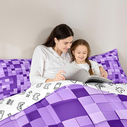 Pixel Grid Miners Kids Bedding Set King Size,Video Games Plaid Lattice Comforter Set,Geometric Check Quilt Comforter,Light Purple Bedroom Duvet Insert,2 Pillowcases