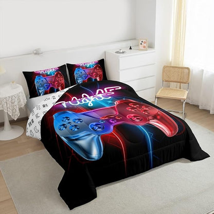 Boys Gaming Comforter Set Twin Size Teens Gamer Bedding Set Modern Blue Red Video Game Controller Comforter For Kids Children Youth Bedroom Decor Multi-Color Gamer Console Action Buttons Duvet Set