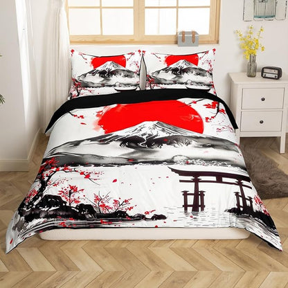 Feelyou Japanese Theme Bedding Set Twin Size Fujiyama Duvet Cover for Adult Kids Boys Girls Cherry Blossom Comforter Cover Set Natural Landscape Bedspread Cover 2Pcs Zipper
