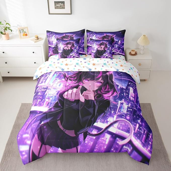 Erosebridal Kids Anime Girl Queen Comforter Set 7 Piece, Japanese Anime Bed in A Bag, Cartoon Girl Bedding Comforter Sets for Boys Teens Bedroom Decor, Kawaii Japanese Animation Bed Set