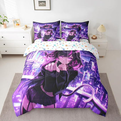 Erosebridal Kids Anime Girl Queen Comforter Set 7 Piece, Japanese Anime Bed in A Bag, Cartoon Girl Bedding Comforter Sets for Boys Teens Bedroom Decor, Kawaii Japanese Animation Bed Set