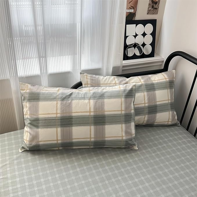 VM VOUGEMARKET Green Plaid Duvet Cover Sets Queen,3 Pieces Gingham Comforter Cover with Zipper Closure & Corner Ties for Men Boys Simple Modern Bedding Set (90"x90")