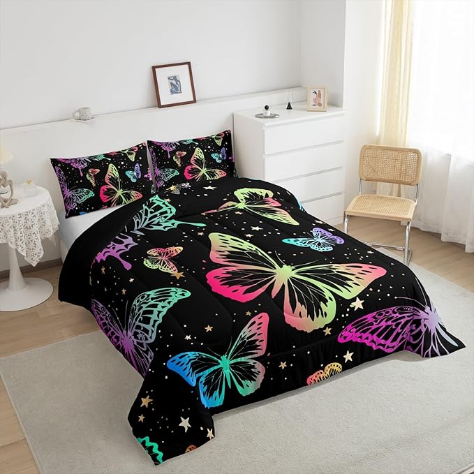 Erosebridal Butterfly Comforter Set Queen Starry Sky Galaxy Colorful Ombre Butterflies Bedding Sets for Kids Girls Teens Women Cartoon Bedding Comforters & Sets Room Decor with 2 Pillow Cases