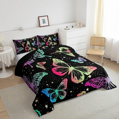Erosebridal Butterfly Comforter Set Queen Starry Sky Galaxy Colorful Ombre Butterflies Bedding Sets for Kids Girls Teens Women Cartoon Bedding Comforters & Sets Room Decor with 2 Pillow Cases