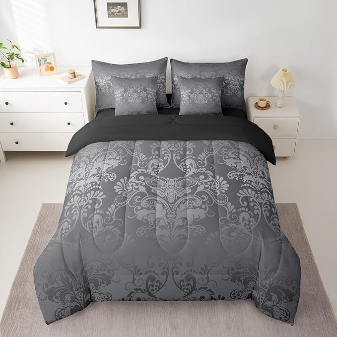 Erosebridal Gothic Damask Bed in a Bag King Size Comforter Set 7 Pieces,Exotic Moth Bedding Sets Silver Gray Victorian Floral Goth Sheet Set with Comforter