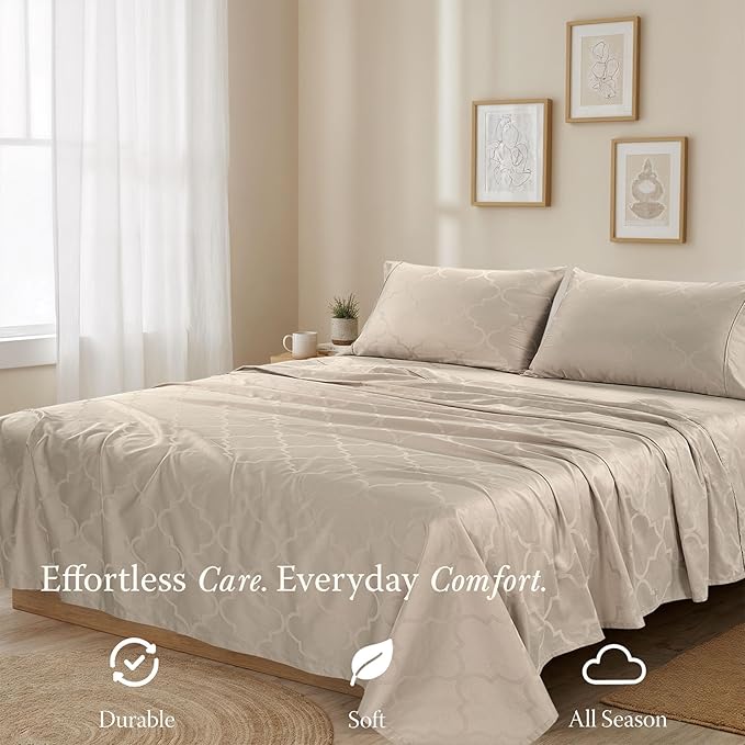 300 Thread Count Jacquard Tradition Light Beige Queen Sheets - 100% Cotton Breathable Silky Soft Damask Sheets - 3 Pc Bed Sheet Set Elasticized Deep Pockets - Wrinkle Free Bedding Sheets by Threadmill