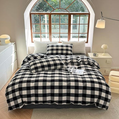 FACE TWO FACE Bedding Duvet Cover Set100% Washed Cotton Duvet Cover Linen Like Textured Breathable Durable Soft Comfy (King, Black and White Grid)