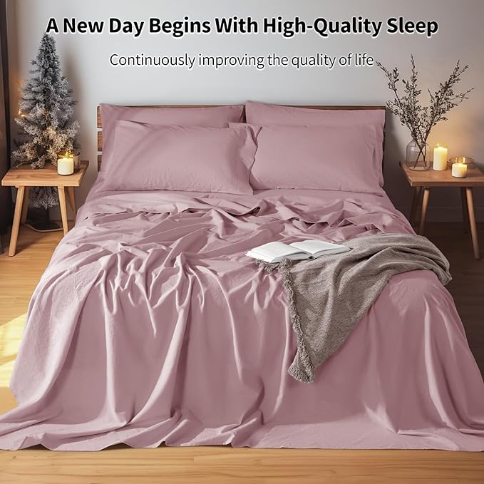 LBRO2M 100% Pure Linen Sheet Set Deep Pocket Up to 16" Bed Sheets Sets, Natural Flax Beddings Soft, Breathable, Comfortable for All Seasons 6 Pcs Sheet Set King Size, Embroidery Purple