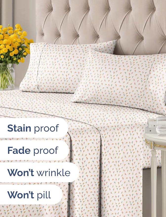 Floral Sheets - Flower Print Bed Sheet Set - 1 Flat, 1 Fitted & 2 Pillowcases w/ Deep Pockets - Comfy, Cozy, Wrinkle & Fade Free - Boho Botanical Bedding - Soft, Breathable & Cooling - Full Size Set