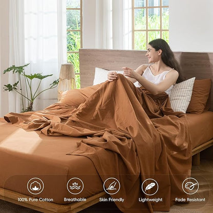 MooMee Bedding Sheet Set 100% Washed Cotton Linen Like Textured Breathable Durable Soft Comfy (Solid Dark Orange, California King)