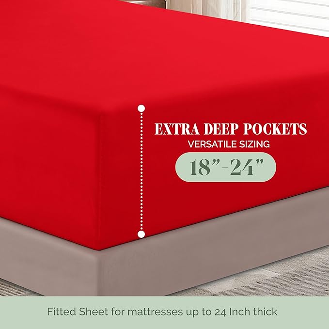 Elegant Comfort Luxurious 1500 Premium Hotel Quality Microfiber 4-Piece Sheet Set, 18-24 Inches Deep - Extra Deep Pocket Sheets - Ultra Soft 4PC Deep Pocket Sheets, California King, Red