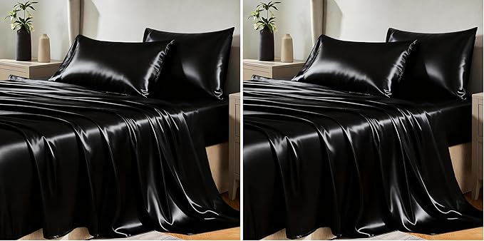 CozyLux Satin Sheets Queen Size Bed Set - 4 Piece Silky Queen Sheet Set, Luxury Black Queen Sheets with Smooth and Soft Microfiber, Includes 1 Fitted Sheet, 1 Flat Sheet and 2 Pillowcases (Pack of 2)