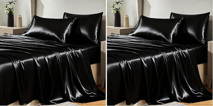 CozyLux Satin Sheets Queen Size Bed Set - 4 Piece Silky Queen Sheet Set, Luxury Black Queen Sheets with Smooth and Soft Microfiber, Includes 1 Fitted Sheet, 1 Flat Sheet and 2 Pillowcases (Pack of 2)