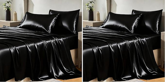 CozyLux Satin Sheets Queen Size Bed Set - 4 Piece Silky Queen Sheet Set, Luxury Black Queen Sheets with Smooth and Soft Microfiber, Includes 1 Fitted Sheet, 1 Flat Sheet and 2 Pillowcases (Pack of 2)