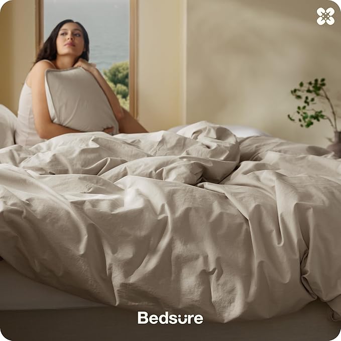 Bedsure Cotton Duvet Cover Queen - Luxury Slub Weave 100% Cotton Duvet Cover Set, PureWoven Bedding Set with a Linen Like Textured, Easy Change, Tannish Linen Grey, 90" x 90"