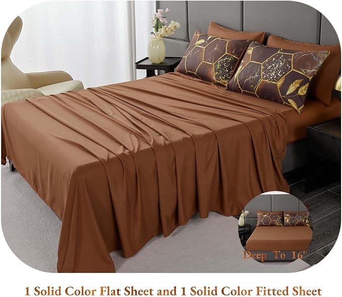 ANGIYUIN 7 Pieces Taupe Gold Comforter Set Geometric Bed in A Bag Full Honeycomb Hexagon Bedding Marble Watercolor Bedding Sets Foil Print Bed Comforter Sets with Pillowcases Sheets (Brown, Full)