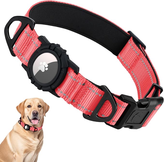 Taglory AirTag Dog Collar with Waterproof Holder for Large Dogs, Baby Pink | Reflective for Night Walks & Low-Light Safety, Track Your Pup Peace of Mind, Adjustable Soft Padded, No More Dangling Tags L