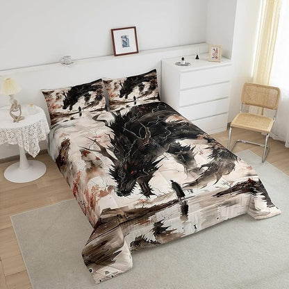 Feelyou Dragon Comforter Set Full Size Japanese Style Comforter for Boys Girls Teens Samurai Bedding Set Japanese Ukiyoe Duvet Set Room Decor Black Beige Quilt Set