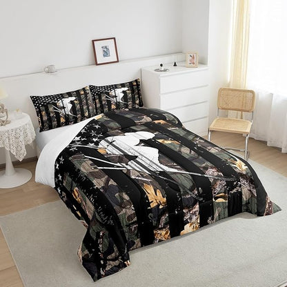 Camo American Flag Comforter Twin Size Bed,Boys Girls Skiing Sports Bedding Comforter Sets,Camouflage Blanket Duvet Set,Rustic Nature Tree Leaves Bedding
