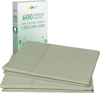 California Design Den Premium Standard Pillow Cases Set of 2-600 Thread Count Sateen, Natural 100% Cotton Pillowcases Queen/Standard, Crisp, Durable Bedding - Laurel Green