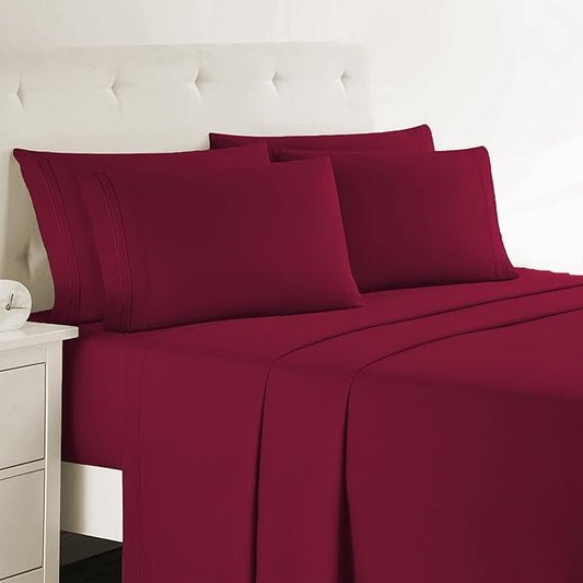 Clara Clark King Sheets, 6 Piece Set - Hotel Luxury Sheets for King Size Bed, Super Soft Bedding Set, King Size, Burgundy Red
