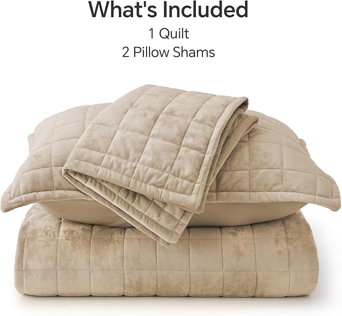 BEDELITE Velvet Quilt Set Queen Size - Luxury Velvet Comforter Bedding Set 3 Pieces, Lightweight Soft Cozy Taupe Oversized Bedspread Coverlet for All Seasons with 2 Pillow Shams