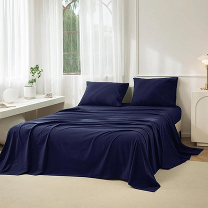 JIYUAN Queen Size Sheet Set, 4-Piece - 100% Washed Cotton, Linen-Like Soft & Breathable, Includes Deep Pocket Fitted & Flat Sheet with 2 Pillowcases, Hotel Quality, Solid Navy Blue
